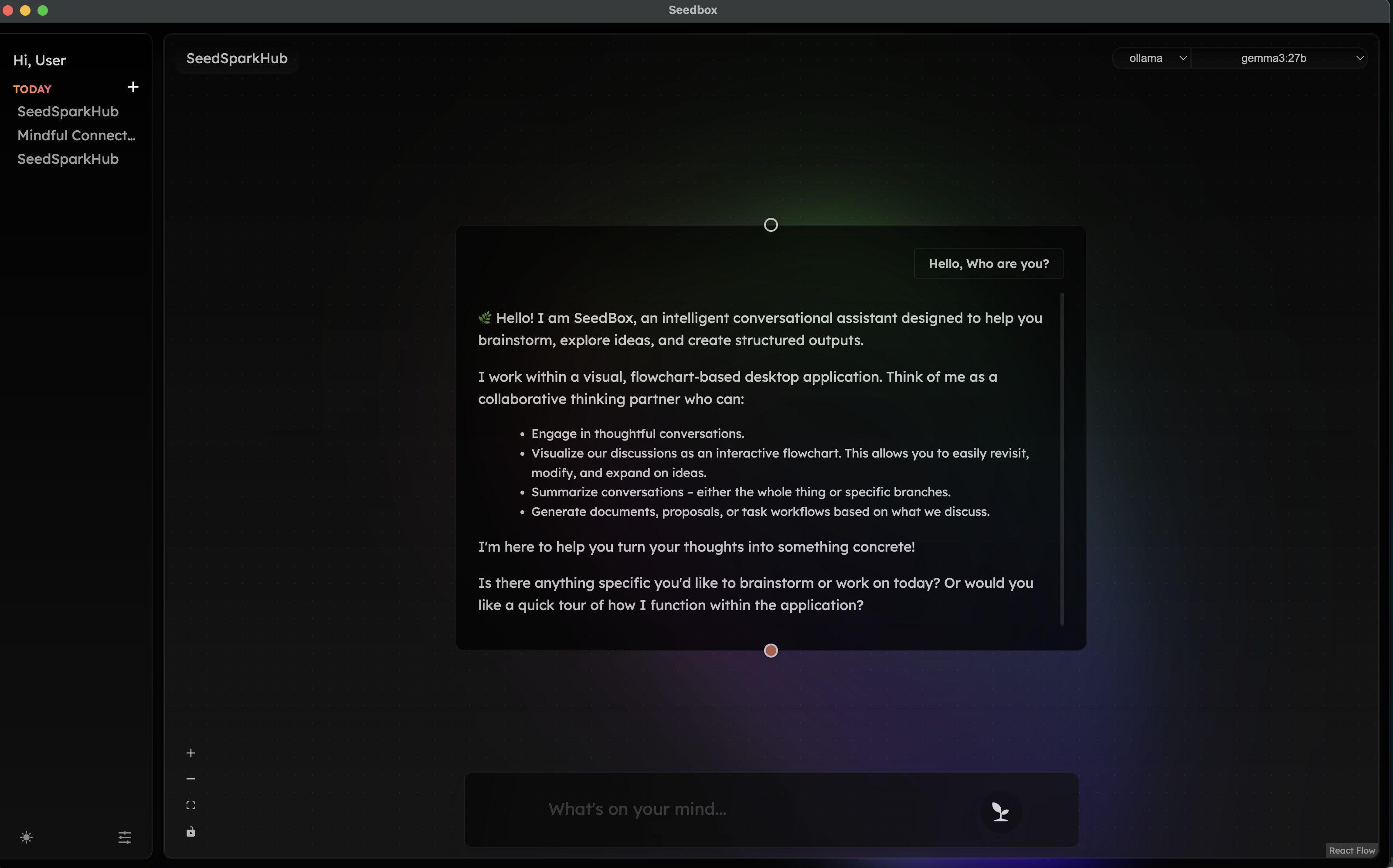 Seedbox chatroom with React Flow graph